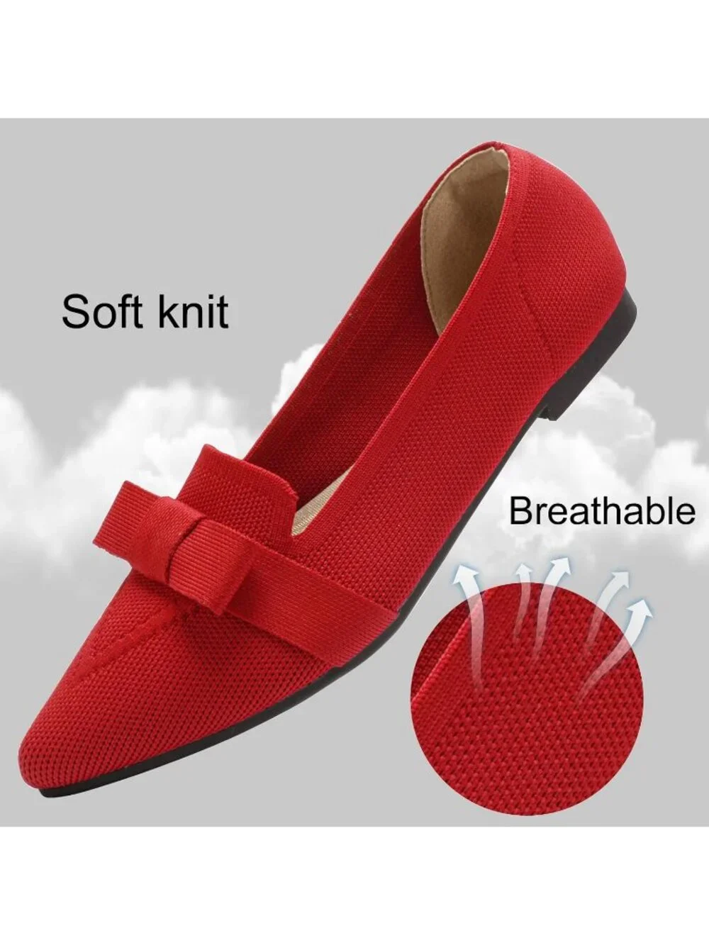 Women's Red Rubber Soft Knit Breathable Pointed Toe Ballet Flats Casual Shoes